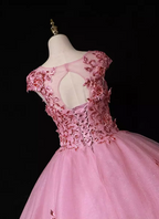 Sweet Princess Pink Crew Neck Embroidered Tulle Long Prom Dress Evening Dress