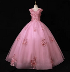 Sweet Princess Pink Crew Neck Embroidered Tulle Long Prom Dress Evening Dress