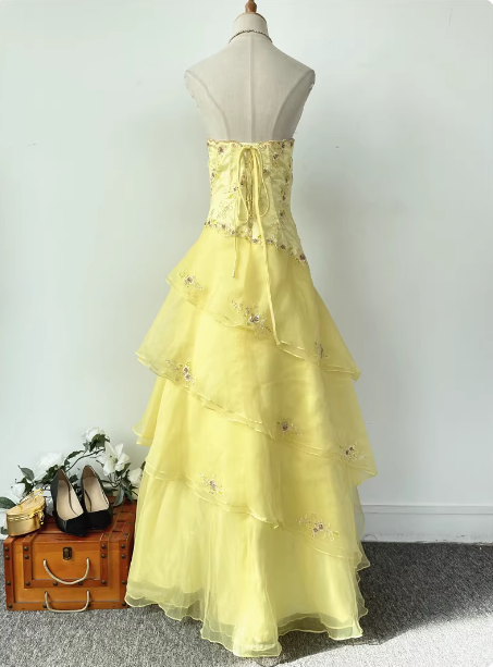 Sweet Princess Yellow A-Line Strapless Beaded Embroidered Tulle Long Prom Dress Evening Dress Secondary image