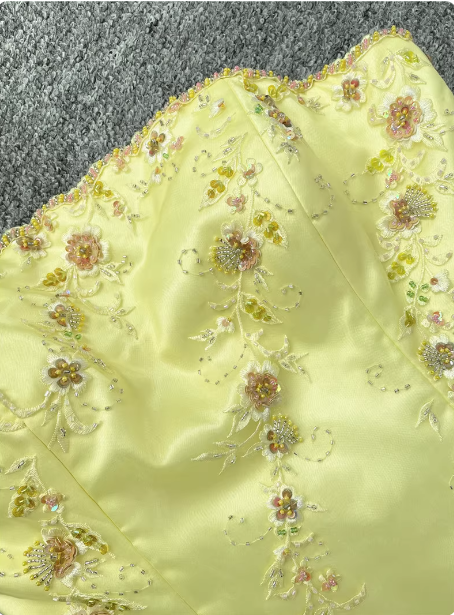 Sweet Princess Yellow A-Line Strapless Beaded Embroidered Tulle Long Prom Dress Evening Dress