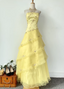 Sweet Princess Yellow A-Line Strapless Beaded Embroidered Tulle Long Prom Dress Evening Dress