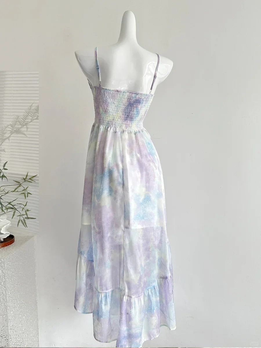 Sweet Purple And Blue Gradient A-Line Suspender Bow Chiffon Long Prom Dress Evening Dress