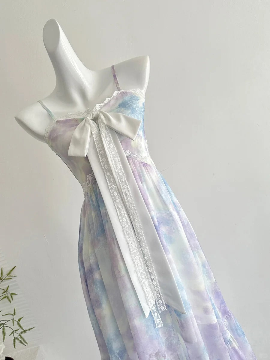 Sweet Purple And Blue Gradient A-Line Suspender Bow Chiffon Long Prom Dress Evening Dress