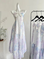 Sweet Purple And Blue Gradient A-Line Suspender Bow Chiffon Long Prom Dress Evening Dress