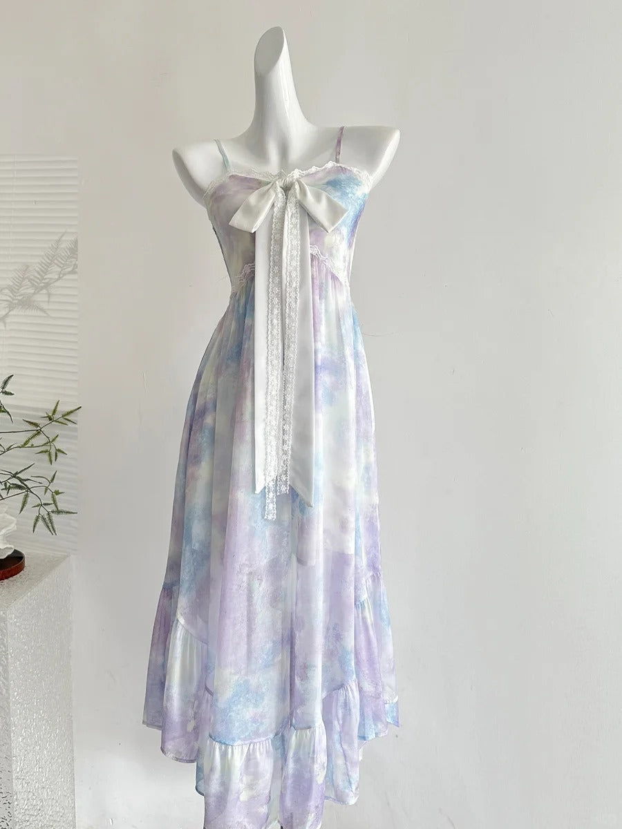 Sweet Purple And Blue Gradient A-Line Suspender Bow Chiffon Long Prom Dress Evening Dress