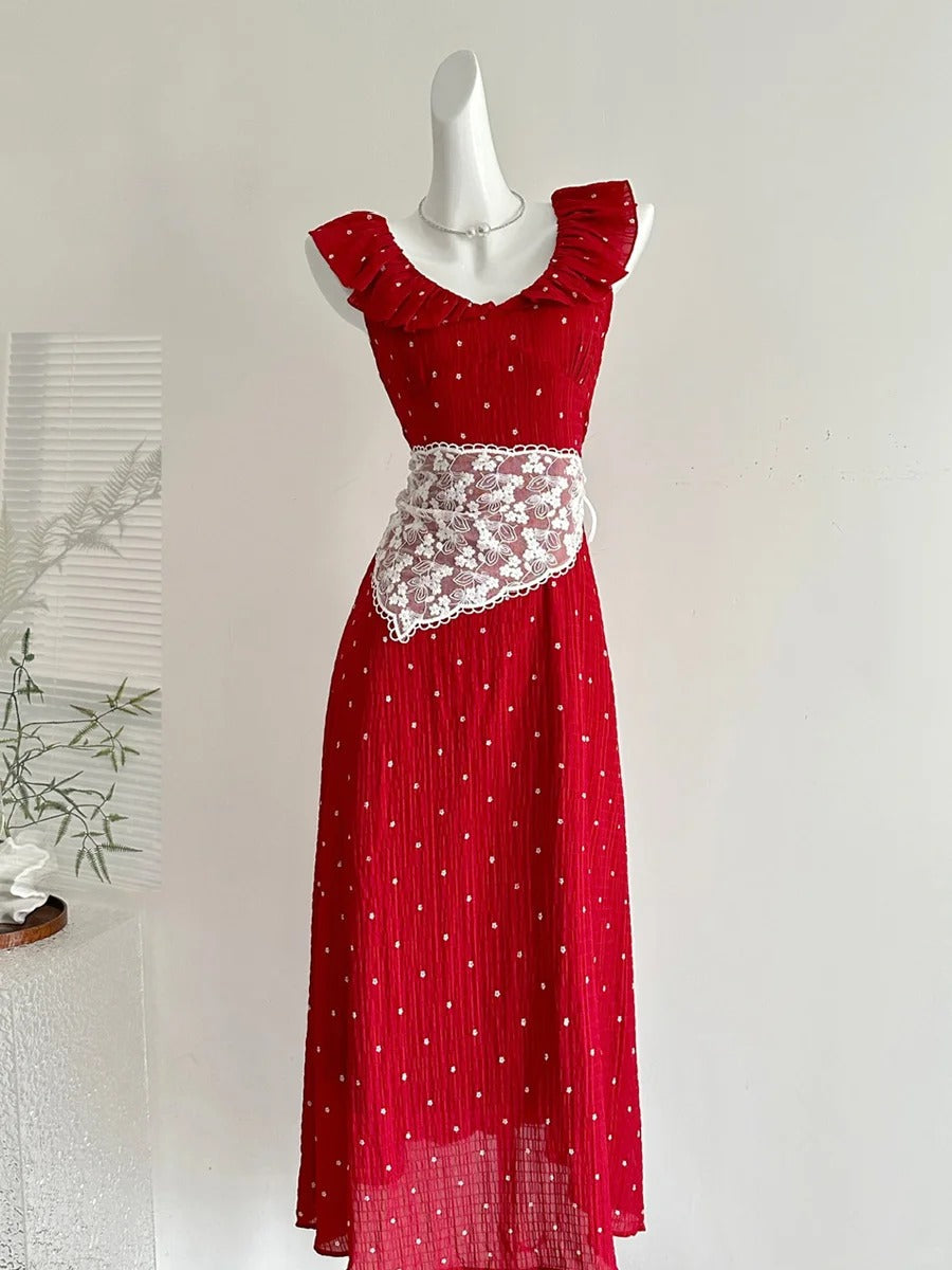 Sweet Red And White Polka Dot A-Line Ruffle Waist Long Prom Dress 17Th Birthday Dress Main image