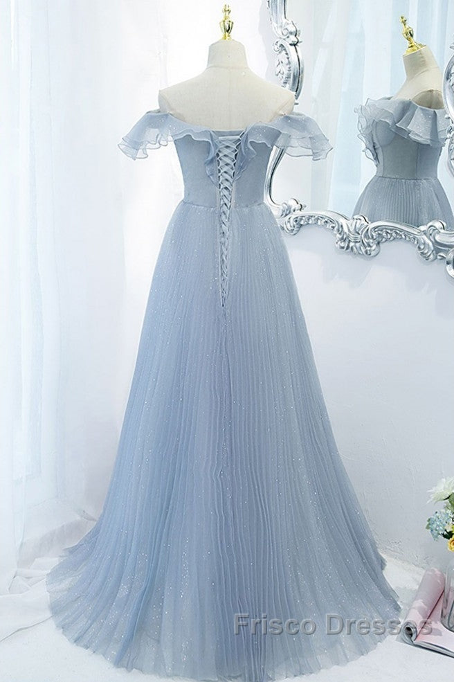 Sweet Sky Blue Sparkling Pleated Short Sleeved Off Shoulder Ball Dress Sky Blue A-Line Princess Backless Tie With Ruffle Edge And Floor Length Evening Dress Secondary image