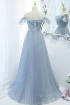 Sweet Sky Blue Sparkling Pleated Short Sleeved Off Shoulder Ball Dress Sky Blue A-Line Princess Backless Tie With Ruffle Edge And Floor Length Evening Dress
