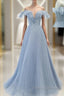 Sweet Sky Blue Sparkling Pleated Short Sleeved Off Shoulder Ball Dress Sky Blue A-Line Princess Backless Tie With Ruffle Edge And Floor Length Evening Dress