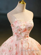 Sweet Strapless Tulle Flower Pink Print Formal Prom Dress