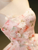 Sweet Strapless Tulle Flower Pink Print Formal Prom Dress