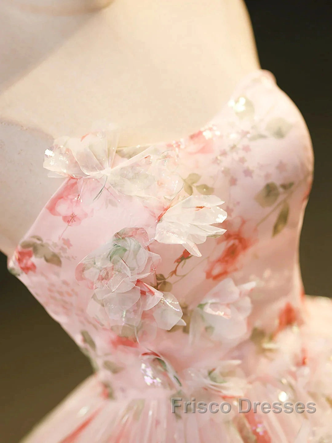 Sweet Strapless Tulle Flower Pink Print Formal Prom Dress