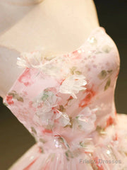 Sweet Strapless Tulle Flower Pink Print Prom Dress