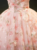Sweet Strapless Tulle Flower Pink Print Formal Prom Dress