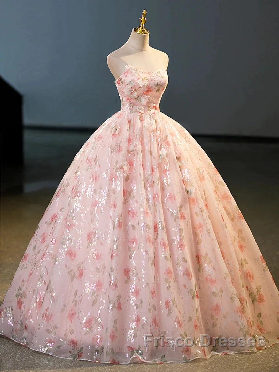 Sweet Strapless Tulle Flower Pink Print Formal Prom Dress