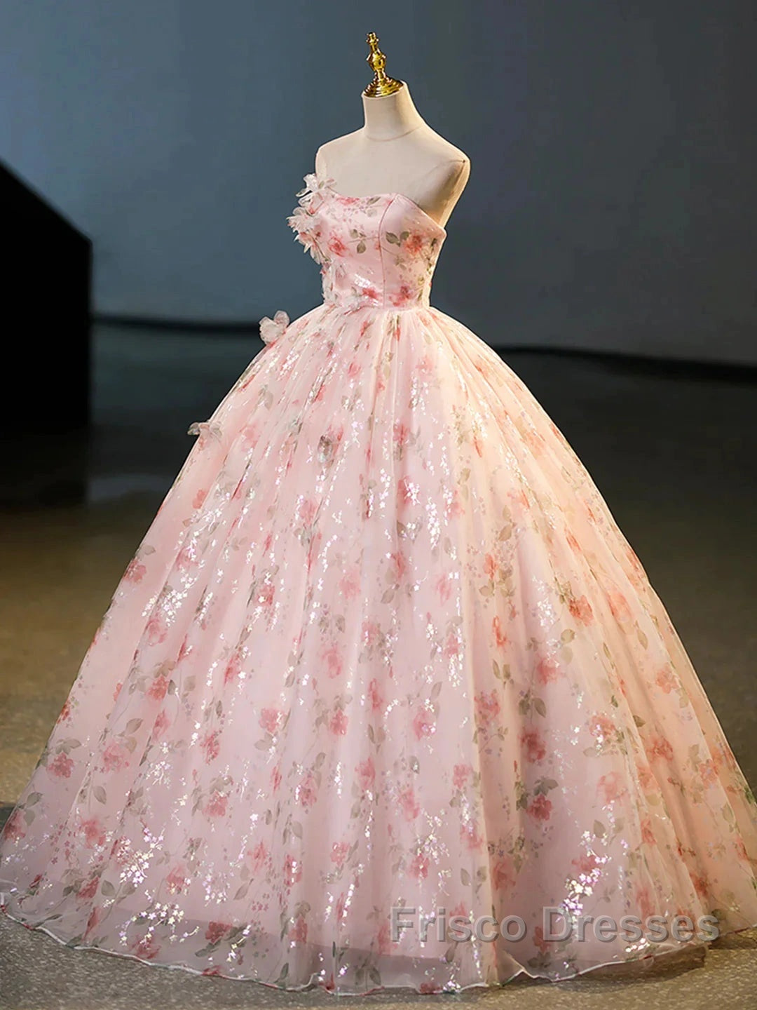 Sweet Strapless Tulle Flower Pink Print Formal Prom Dress