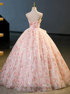 Sweet Strapless Tulle Flower Pink Print Formal Prom Dress