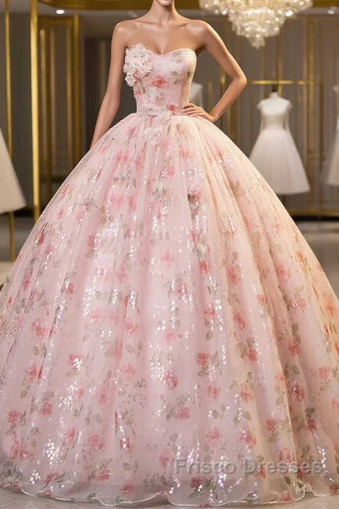 Sweet Strapless Tulle Flower Pink Print Formal Prom Dress Main image