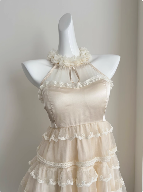 Sweet Three-Dimensional Flower Halter Neck Strap Sleeveless Lace Splicing Mesh Cake Birthday Skirt Homecoming Dress