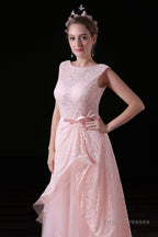 Sweet Tulle & Lace Bateau Neckline Floor-length A-line Prom Dresses With Belt