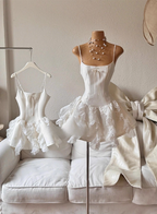 Sweet White Bow Satin Lace Ruffled 17Th Birthday Homecoming Dress