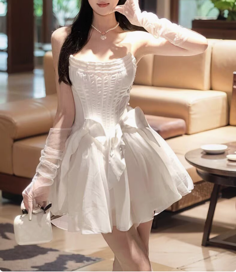 Sweet White Herringbone Tube Top Puff Birthday Dress Homecoming Dress Main image