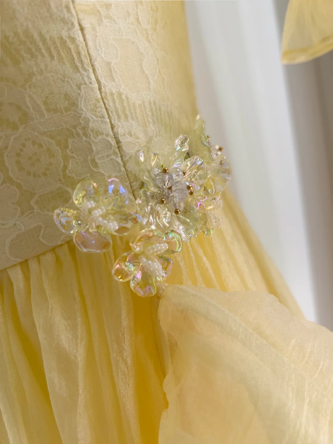 Sweet Yellow A-Line Square Neck Puff Sleeve Lace Tulle Long Prom Dress