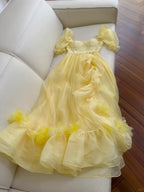 Sweet Yellow A-Line Square Neck Puff Sleeve Lace Tulle Long Prom Dress