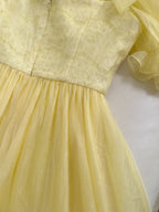 Sweet Yellow A-Line Square Neck Puff Sleeve Lace Tulle Long Prom Dress