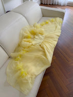 Sweet Yellow A-Line Square Neck Puff Sleeve Lace Tulle Long Prom Dress