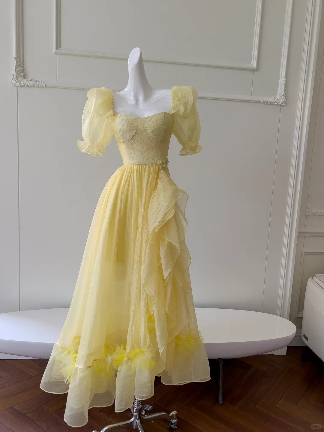 Sweet Yellow A-Line Square Neck Puff Sleeve Lace Tulle Long Prom Dress