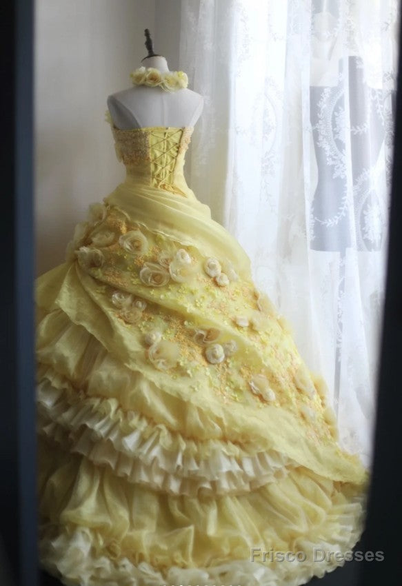 Sweet Yellow A-Line Strapless Organza Wedding Dress With Appliques And Rhinestones Long Ball Gown Secondary image