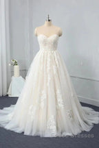 Sweetheart Backless Long Wedding Dress Tulle With Lace Appliques