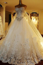 Sweetheart Ball Gown Watteau Train Wedding Dress With Appliques Beading