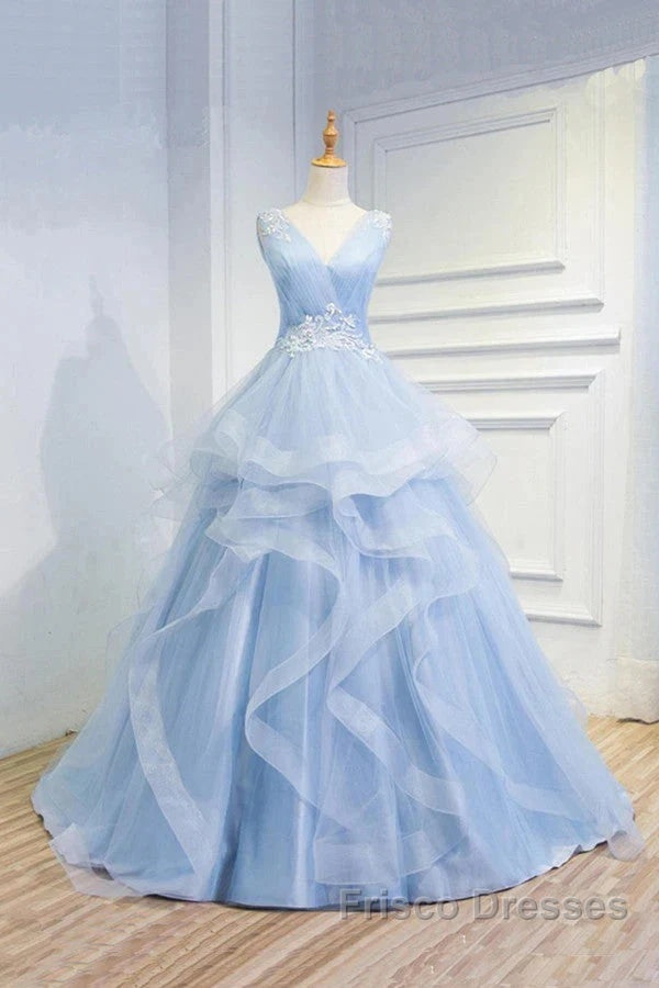 Sweetheart Blue Organza Ballgown V Neck Ruffles Appliques Formal Prom Dress