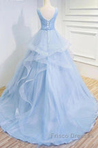 Sweetheart Blue Organza Ballgown V Neck Ruffles Appliques Formal Prom Dress Beautiful