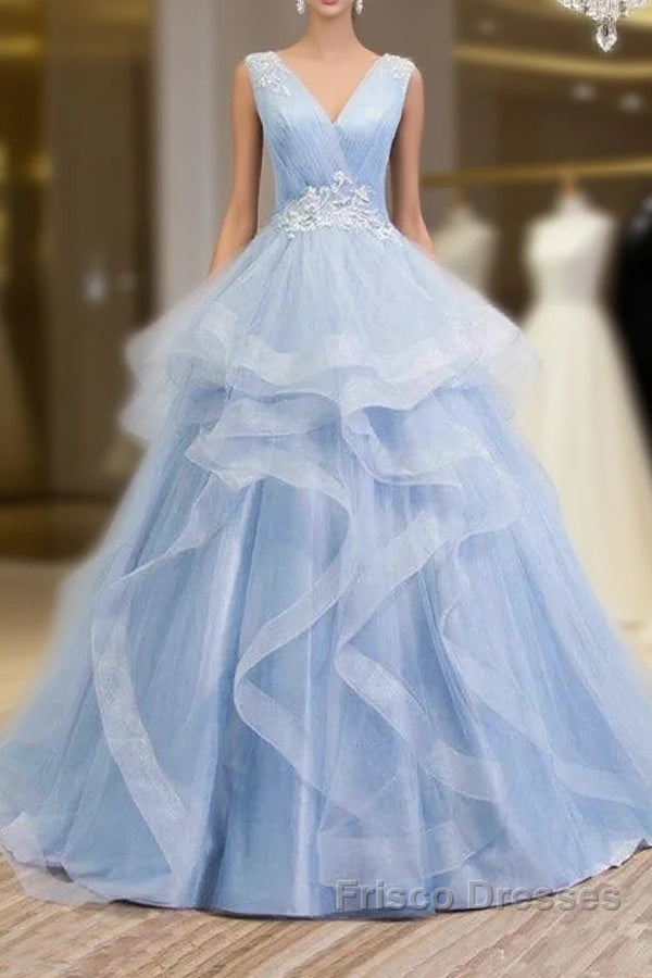 Sweetheart Blue Organza Ballgown V Neck Ruffles Appliques Formal Prom Dress Beautiful Main image