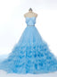 Sweetheart Blue Ruched Crystal Tulle Bridal Train Wedding Dress