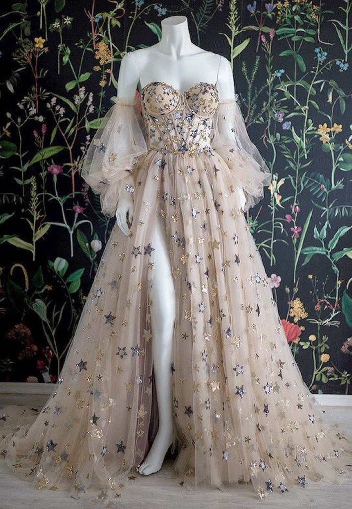 Sweetheart Champagne Tulle Bubble Sleeves Long A Line Prom Dress Beaded Evening Dress Main image