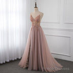 Sweetheart Crystal Prom Dresses Straps Spaghetti Tulle Evening Gown Split Side