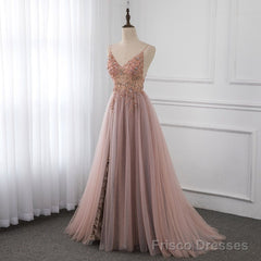 Sweetheart Crystal Prom Dresses Straps Spaghetti Tulle Evening Gown Split Side