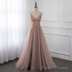 Sweetheart Crystal Prom Dresses Straps Spaghetti Tulle Evening Gown Split Side