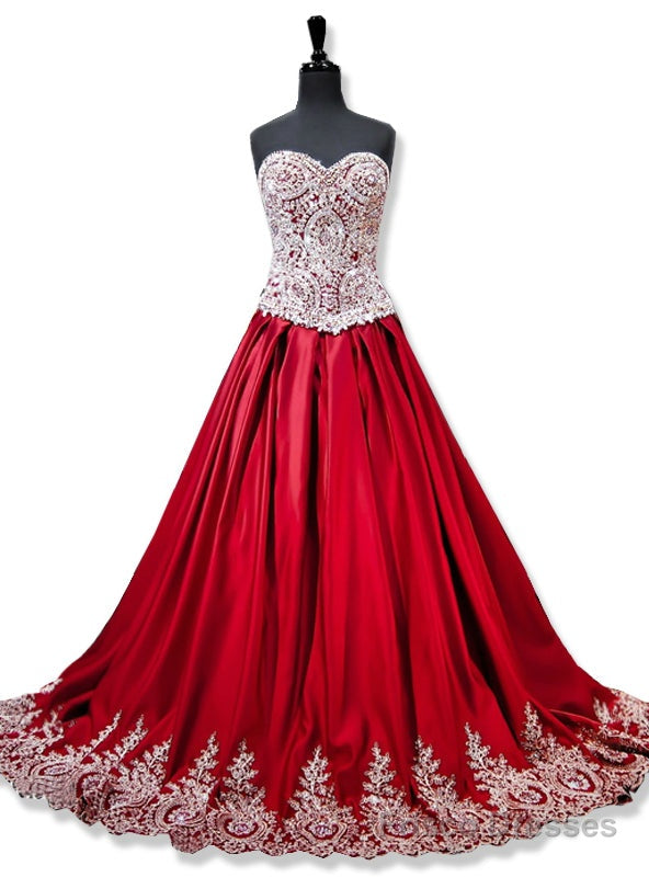 Sweetheart Gold Lace Appliques Ball Gowns Red Prom Dress