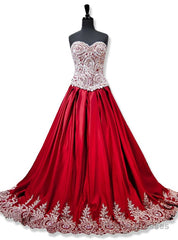 Sweetheart Gold Lace Appliques Ball Gowns Red Prom Dress