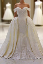 Sweetheart Lace Appliques Off the Shoulder Detachable Train Wedding Dress