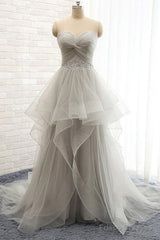 Sweetheart Long Tulle Gray Wedding Dresses With Beading