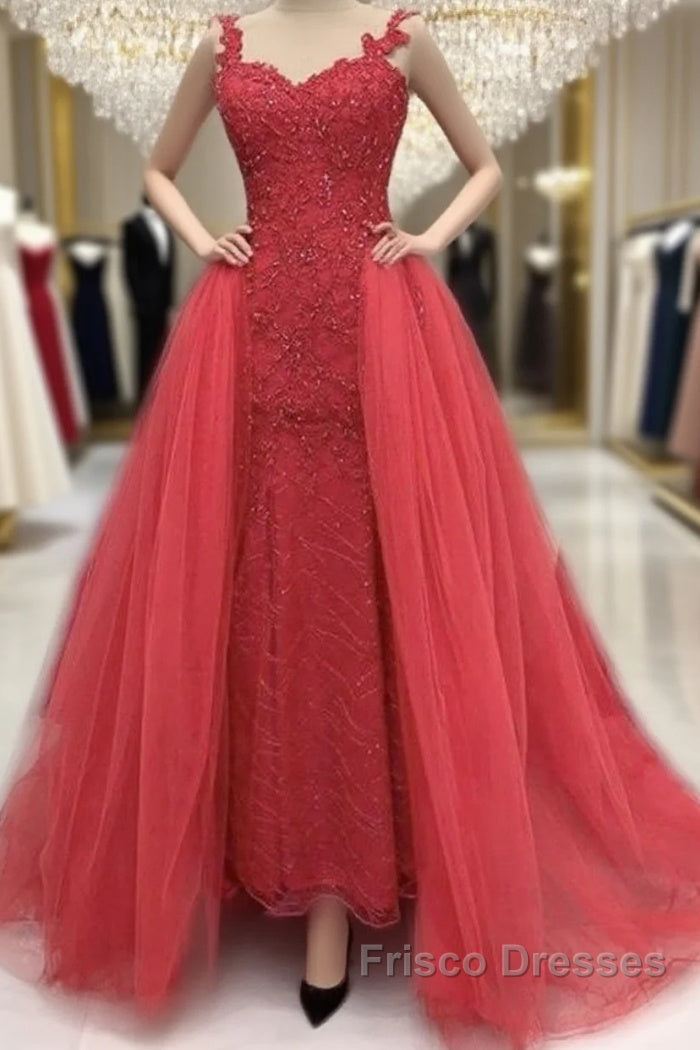Sweetheart Mermaid Formal Prom Dress Lace Beaded Removable Skirt