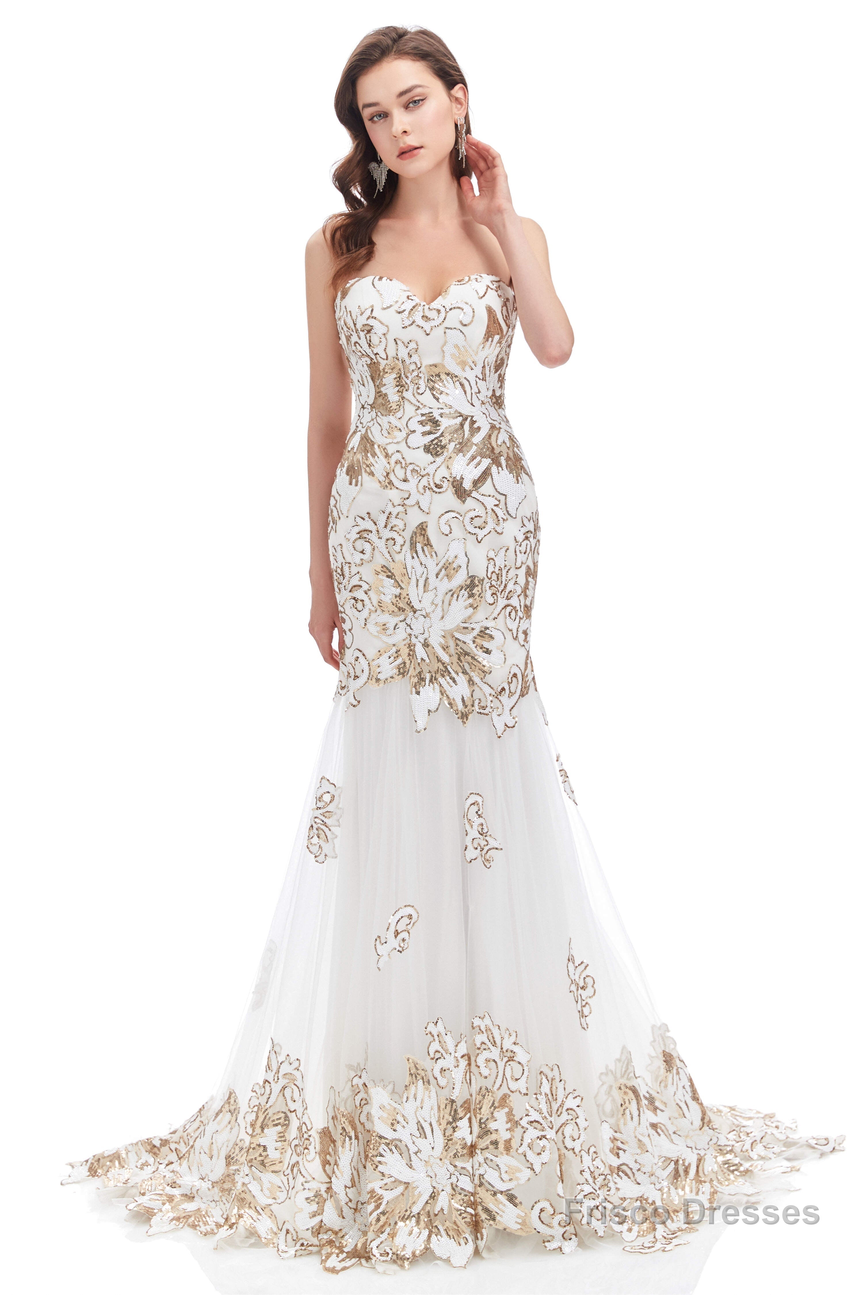 Sweetheart Mermaid Tulle Sequin Long Prom Dresses