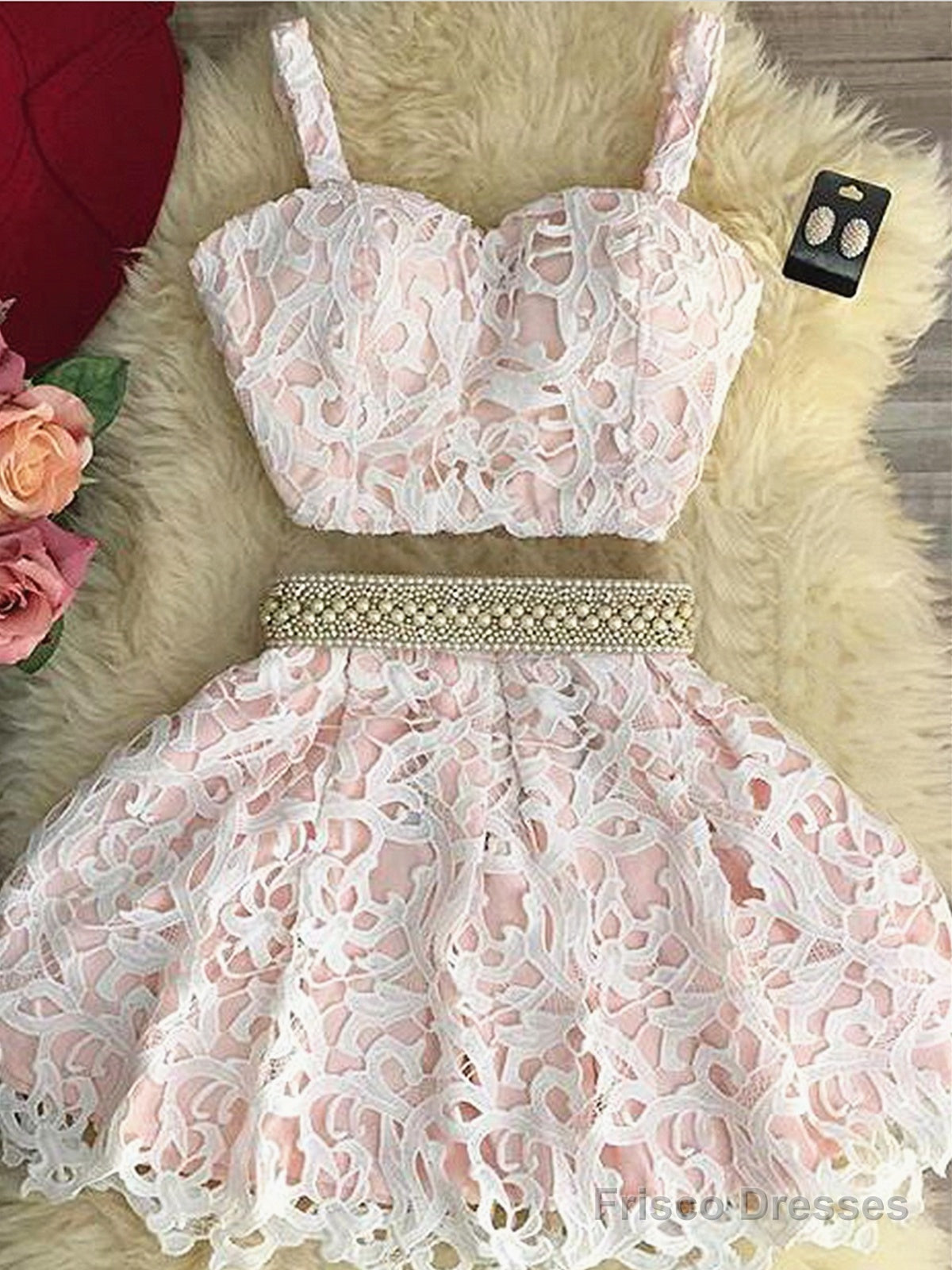 Sweetheart Neck 2 Pieces Short Pink Lace Prom Dresses, 2 Pieces Short Pink Lace Graduation Homecoming Dresses Main image