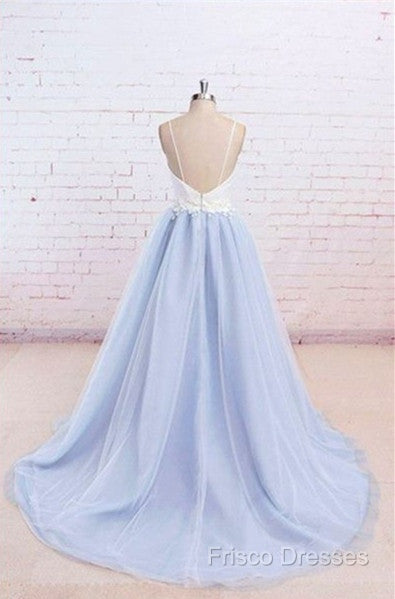 Sweetheart Neck Backless Blue And White Sweep Train Lace Formal Prom Dress, Formal Dress Secondary image